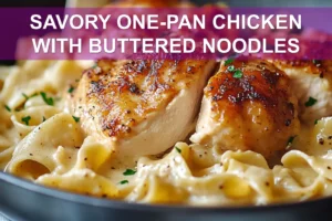 SAVORY ONE-PAN CHICKEN WITH BUTTERED NOODLES plated with egg noodles herbs butter warm glow