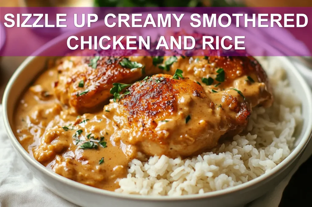 SIZZLE UP CREAMY SMOTHERED CHICKEN AND RICE plated with creamy sauce over rice and fresh herbs