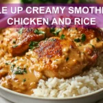 SIZZLE UP CREAMY SMOTHERED CHICKEN AND RICE plated creamy chicken and rice with herbs and peas