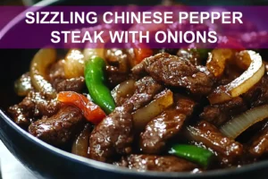 SIZZLING CHINESE PEPPER STEAK WITH ONIONS served with steamed rice green onions vibrant peppers