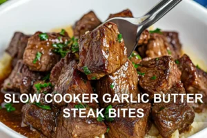 SLOW COOKER GARLIC BUTTER STEAK BITES centered hero view, clean and uncluttered