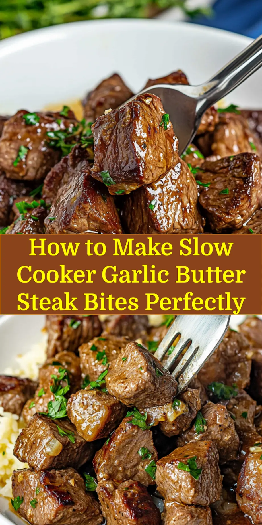 Slow Cooker Garlic Butter Steak Bites: Delicious & Easy Feast 6 SLOW COOKER GARLIC BUTTER STEAK BITES centered hero view, clean and uncluttered_pin