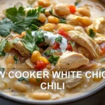 SLOW COOKER WHITE CHICKEN CHILI centered hero view, clean and uncluttered