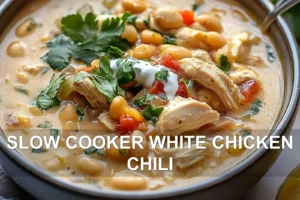 Slow Cooker White Chicken Chili Recipe for Comfort SLOW COOKER WHITE CHICKEN CHILI centered hero view, clean and uncluttered
