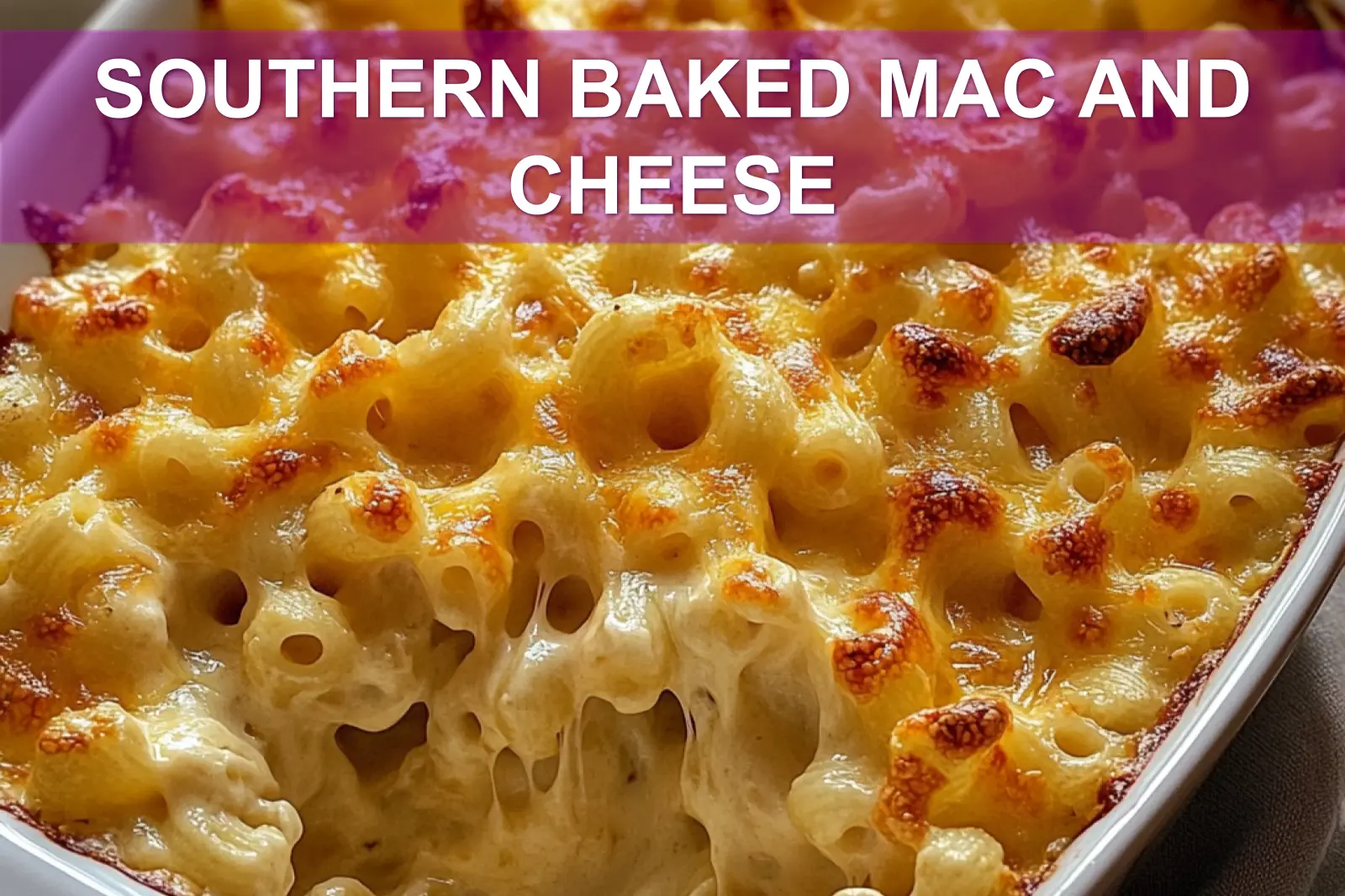 SOUTHERN BAKED MAC AND CHEESE centered hero view, clean and uncluttered