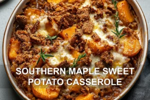 SOUTHERN MAPLE SWEET POTATO CASSEROLE centered hero view, clean and uncluttered