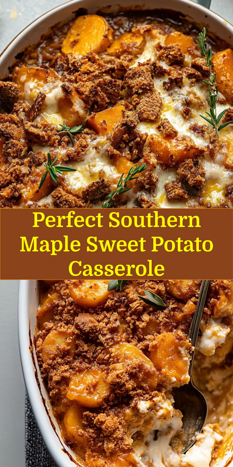 Southern Maple Sweet Potato Casserole Easy Recipe Delight 6 SOUTHERN MAPLE SWEET POTATO CASSEROLE centered hero view, clean and uncluttered_pin