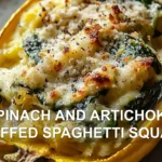 SPINACH AND ARTICHOKE STUFFED SPAGHETTI SQUASH centered hero view, clean and uncluttered