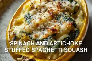 Spinach and Artichoke Stuffed Spaghetti Squash: Delicious Recipe SPINACH AND ARTICHOKE STUFFED SPAGHETTI SQUASH centered hero view, clean and uncluttered