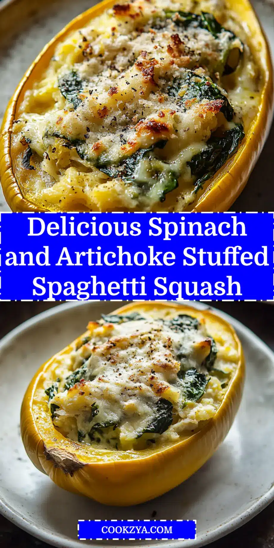 Spinach and Artichoke Stuffed Spaghetti Squash: Delicious Recipe 6 SPINACH AND ARTICHOKE STUFFED SPAGHETTI SQUASH centered hero view, clean and uncluttered_pin