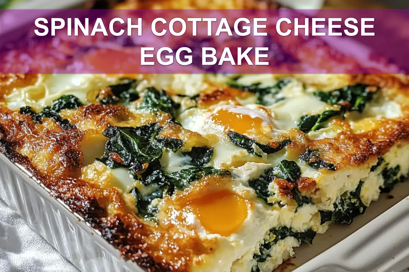 Savory spinach and cottage cheese egg bake in a baking dish, sliced and ready to serve