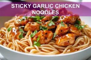 STICKY GARLIC CHICKEN NOODLES glazed chicken and noodles in warm bowl with green onions