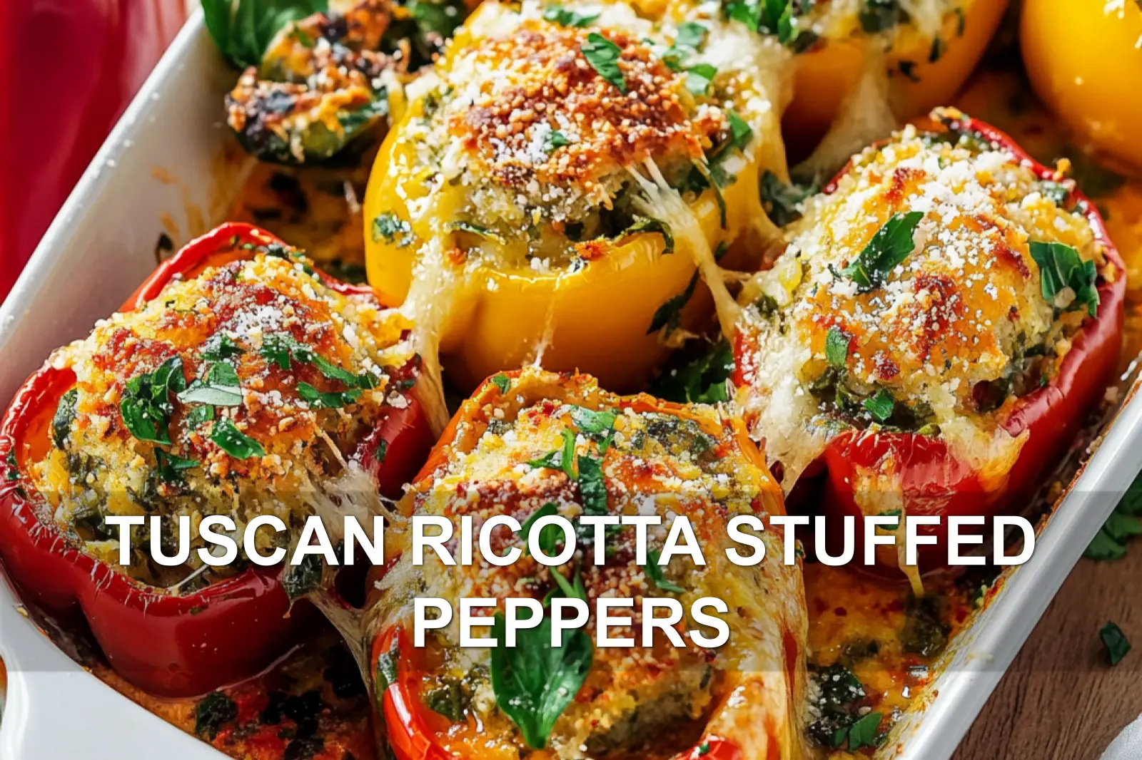 TUSCAN RICOTTA STUFFED PEPPERS centered hero view, clean and uncluttered