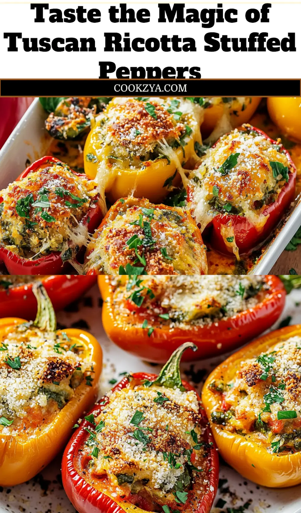 Tuscan Ricotta Stuffed Peppers Recipe You'll Love 6 TUSCAN RICOTTA STUFFED PEPPERS centered hero view, clean and uncluttered_pin