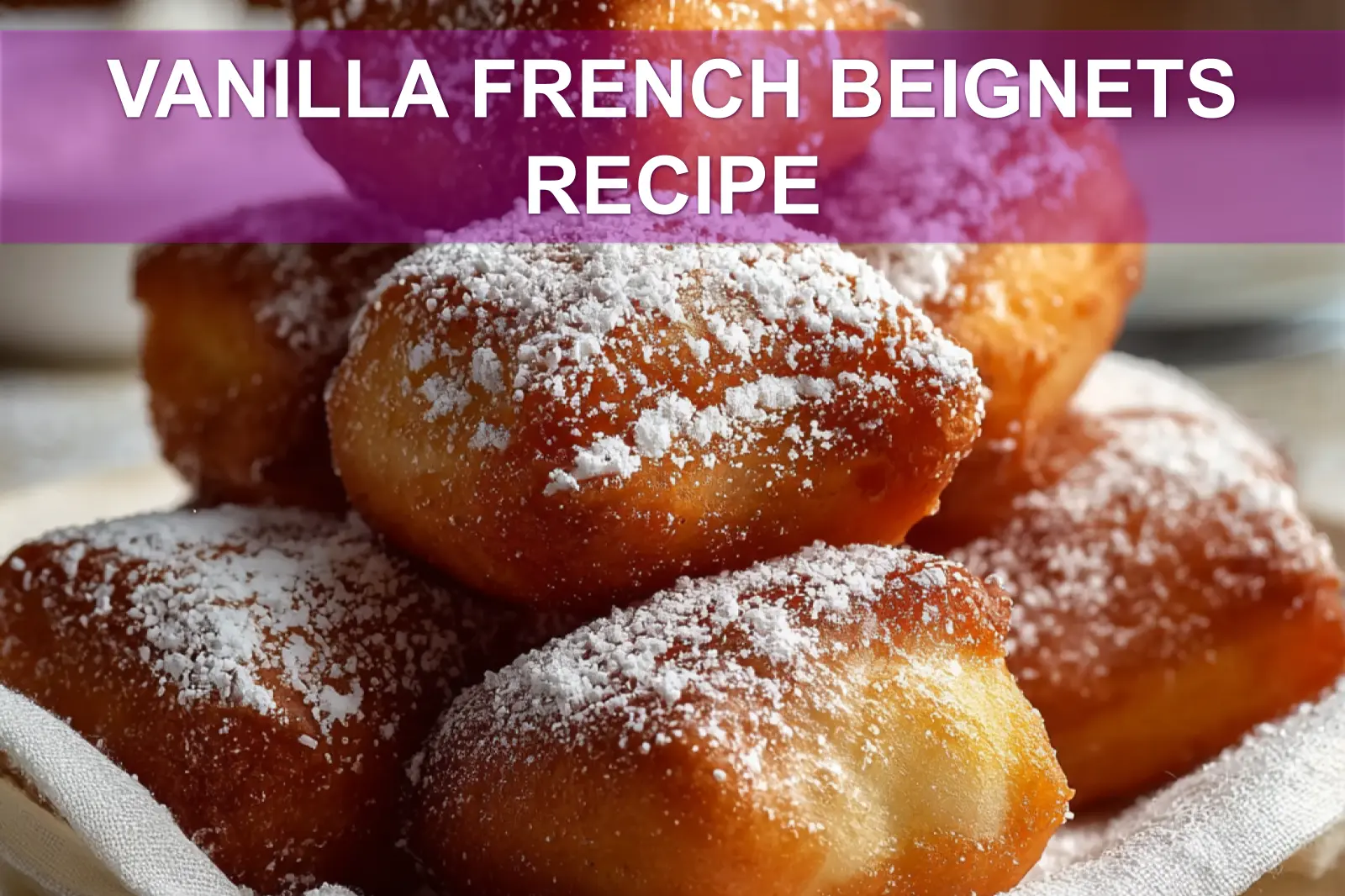 VANILLA FRENCH BEIGNETS RECIPE golden beignets dusted with powdered sugar on white napkin