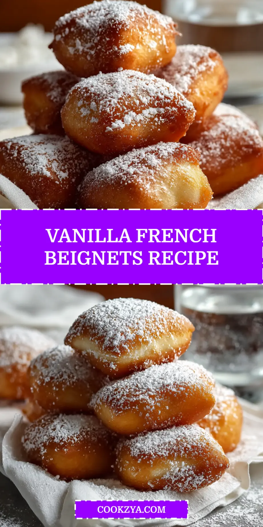Vanilla French Beignets Recipe: Simple and Delicious 6 VANILLA FRENCH BEIGNETS RECIPE golden beignets dusted with powdered sugar on white napkin_pin