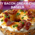 ZESTY BACON CREAM CHEESE BAGELS close-up with sesame bagel bacon cheddar creamy sauce fresh chives