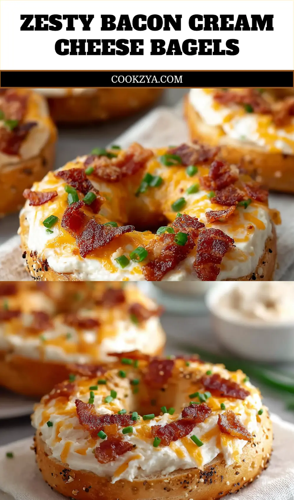 ZESTY BACON CREAM CHEESE BAGELS close-up with sesame bagel bacon cheddar creamy sauce fresh chives_pin
