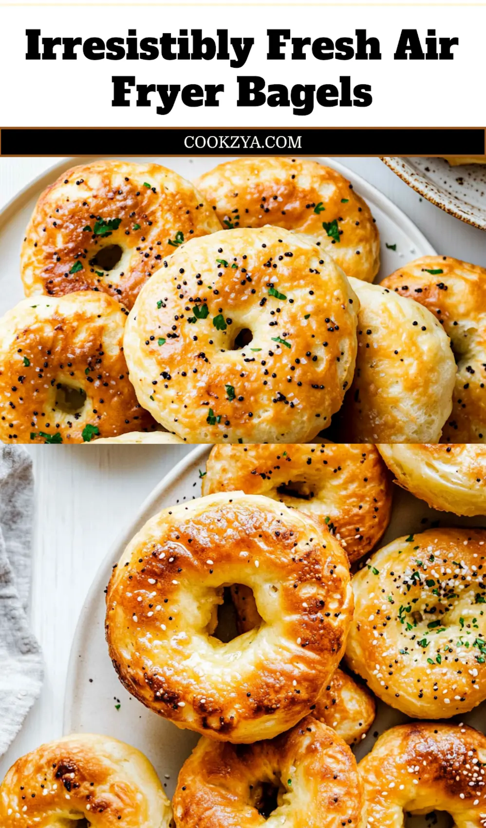 How to Make Air Fryer Bagels Irresistibly Good 7 Pin for Air Fryer Bagels recipe, featuring a stack of golden bagels with various toppings