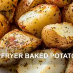AIR FRYER BAKED POTATOES centered hero view, clean and uncluttered
