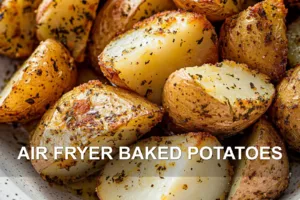 AIR FRYER BAKED POTATOES centered hero view, clean and uncluttered