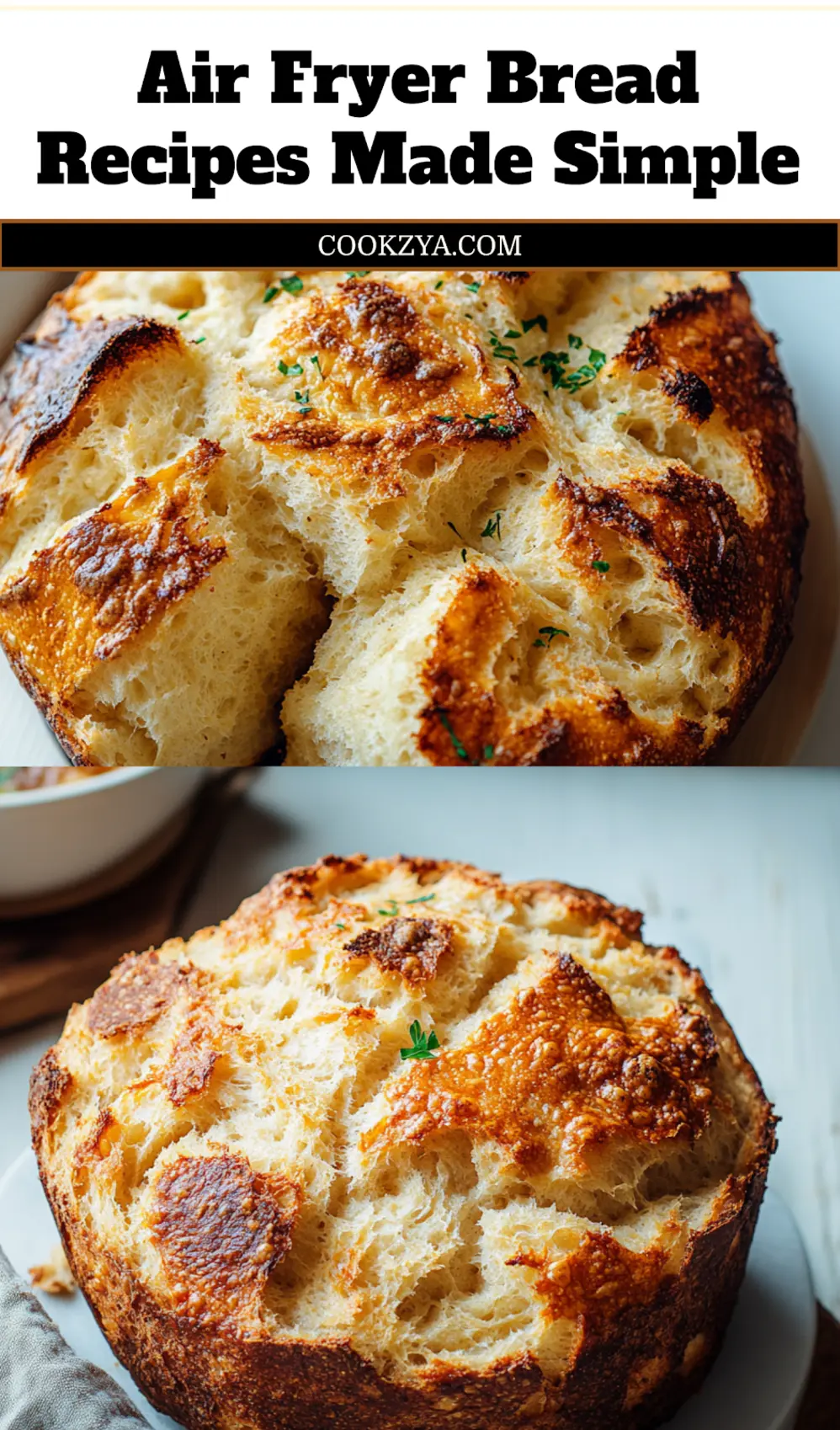 A freshly baked Air Fryer Bread loaf with a golden crust, sliced on a rustic wooden board, ready for serving.