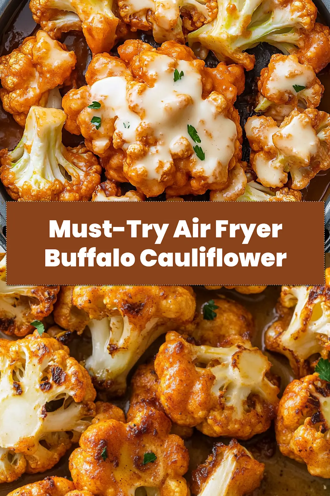 Pin this recipe: A delicious close-up of Air Fryer Buffalo Cauliflower ready to be served, highlighting its crispy texture and spicy coating.