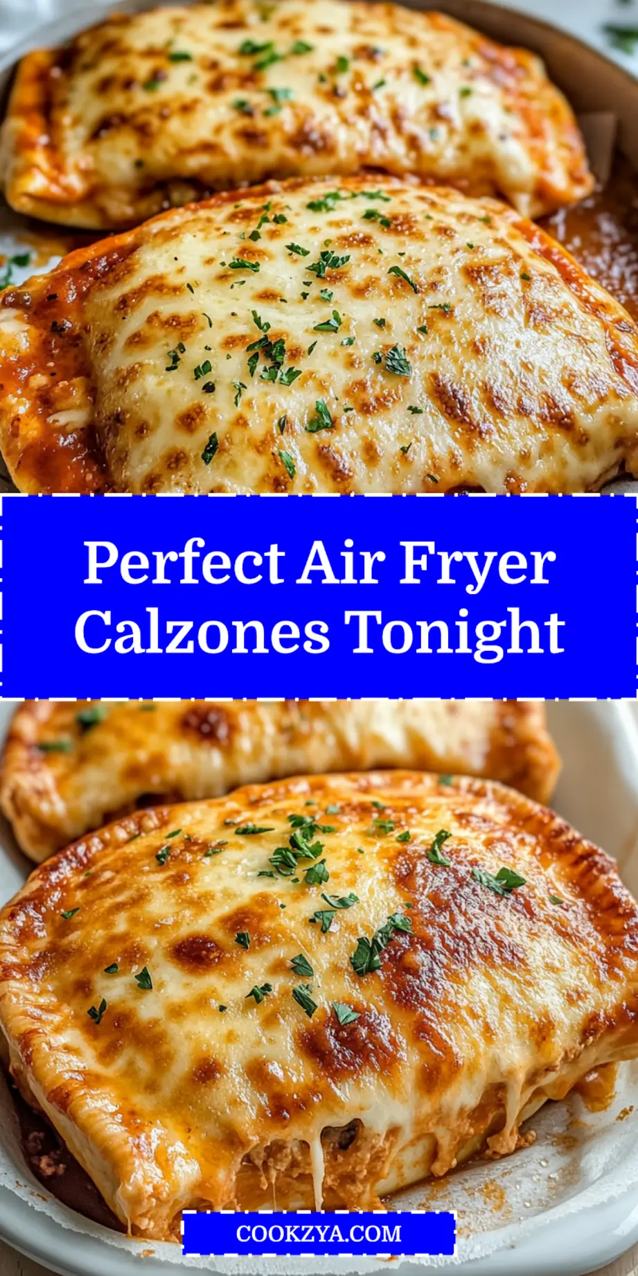 Three perfectly golden brown Air Fryer Calzones on a wooden board, with a side of marinara for dipping.