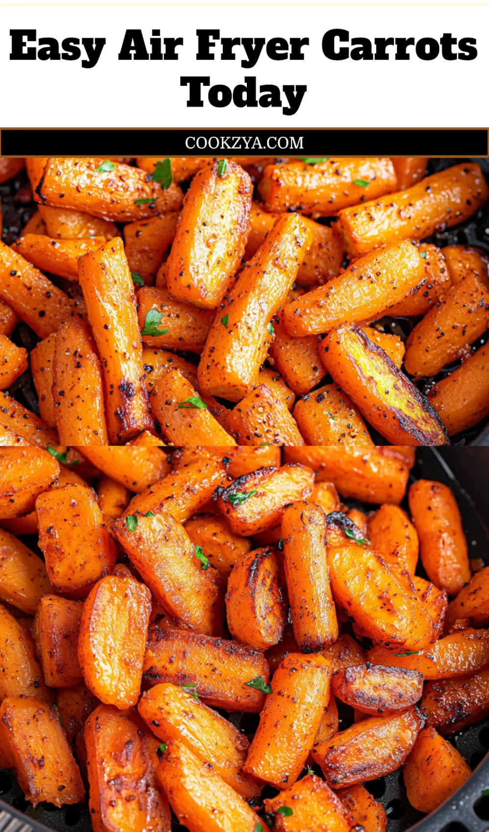 Close-up of golden brown air fryer carrots on a plate, garnished with fresh herbs