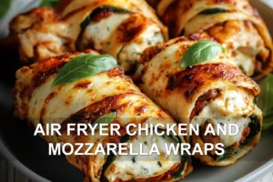 Air Fryer Chicken And Mozzarella Wraps: Easy Delicious Recipe AIR FRYER CHICKEN AND MOZZARELLA WRAPS centered hero view, clean and uncluttered