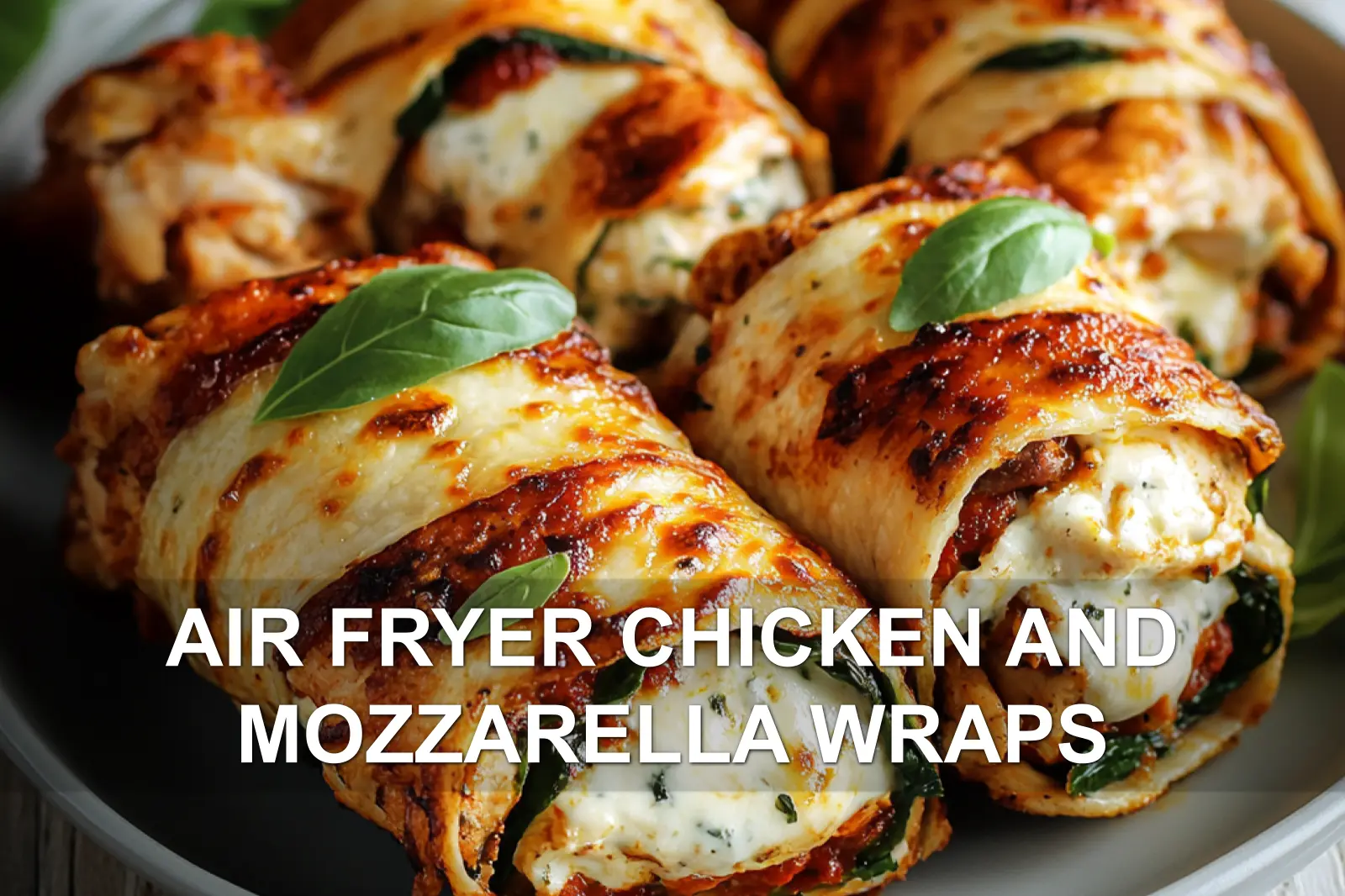 AIR FRYER CHICKEN AND MOZZARELLA WRAPS centered hero view, clean and uncluttered