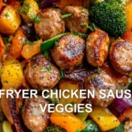 AIR FRYER CHICKEN SAUSAGE VEGGIES centered hero view, clean and uncluttered