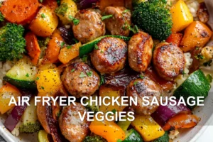 How to Make Air Fryer Chicken Sausage Veggies AIR FRYER CHICKEN SAUSAGE VEGGIES centered hero view, clean and uncluttered
