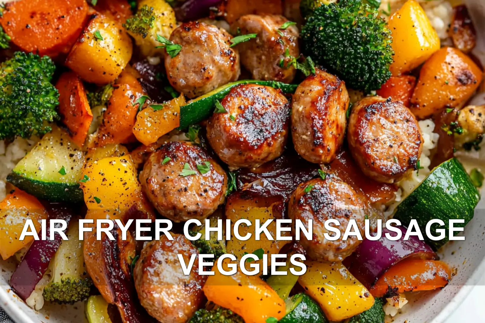 AIR FRYER CHICKEN SAUSAGE VEGGIES centered hero view, clean and uncluttered
