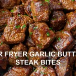 AIR FRYER GARLIC BUTTER STEAK BITES centered hero view, clean and uncluttered