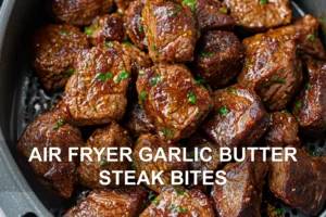 Air Fryer Garlic Butter Steak Bites Easy and Irresistible AIR FRYER GARLIC BUTTER STEAK BITES centered hero view, clean and uncluttered