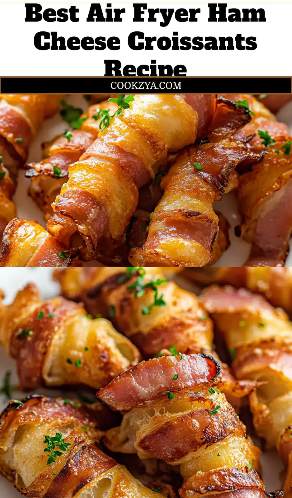 Flaky, golden Air Fryer Ham Cheese Croissants ready to be served, a perfect quick meal or snack.