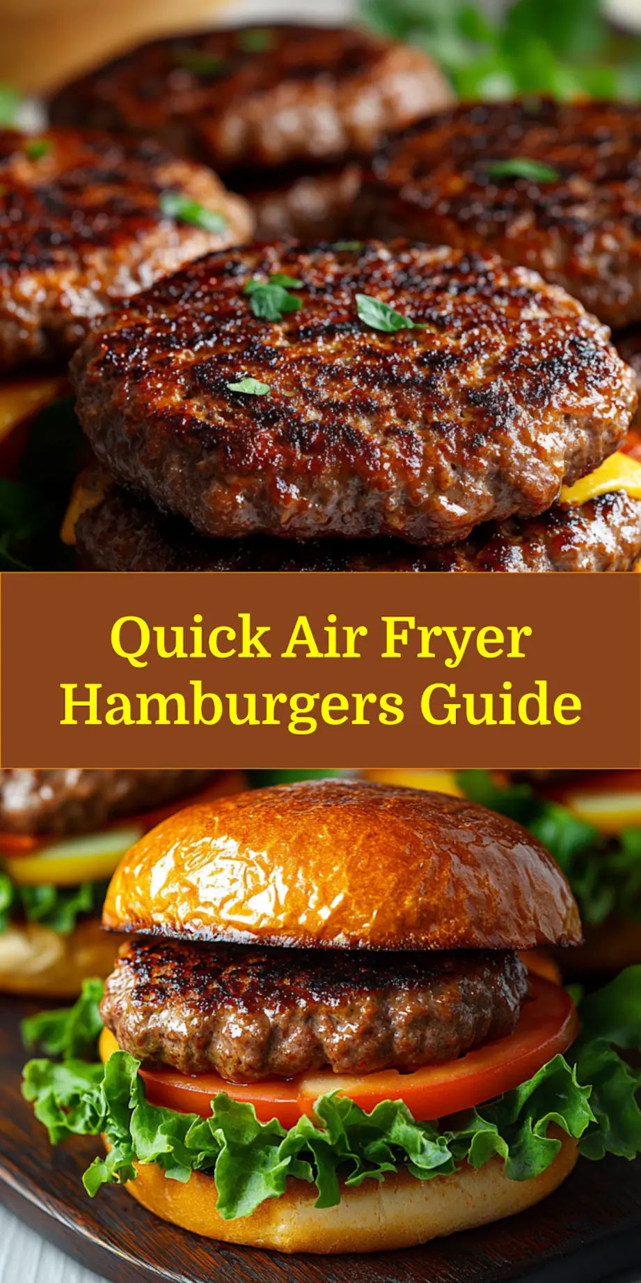 Pin image: Delicious air fryer hamburgers with melted cheese and fresh toppings, ready to serve