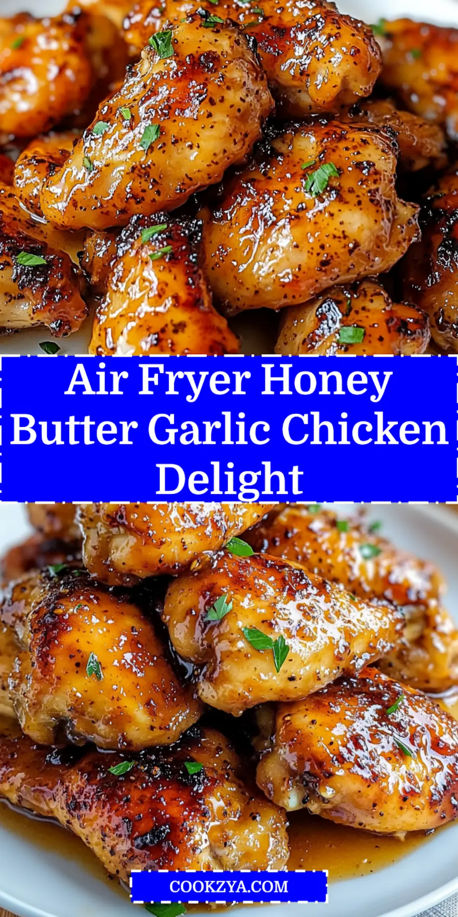 AIR FRYER HONEY BUTTER GARLIC CHICKEN centered hero view, clean and uncluttered_pin