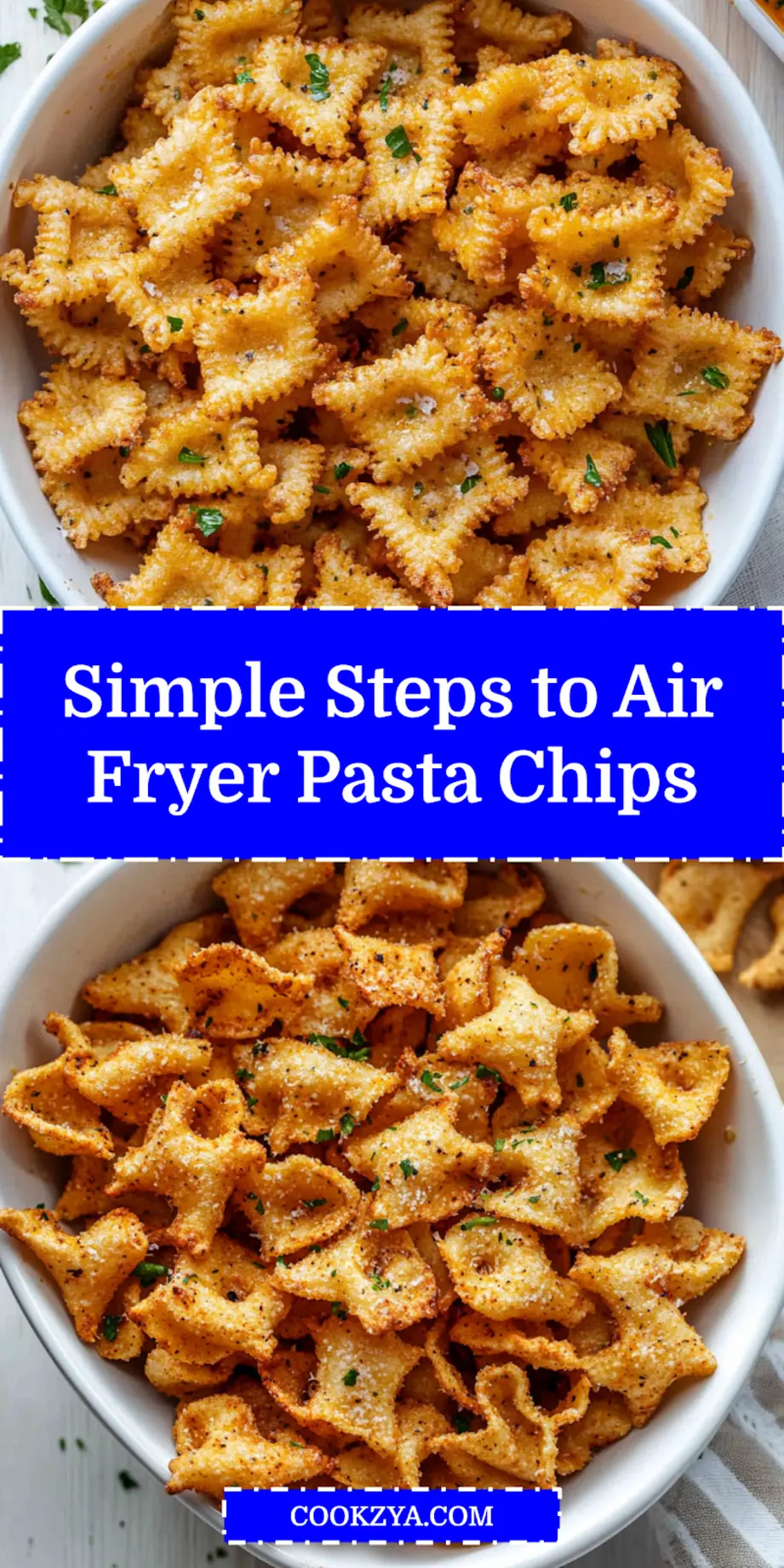 Pinterest graphic for Air Fryer Pasta Chips recipe, featuring a vibrant image of crispy pasta chips in a bowl with dipping sauce.