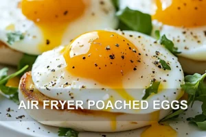 AIR FRYER POACHED EGGS centered hero view, clean and uncluttered