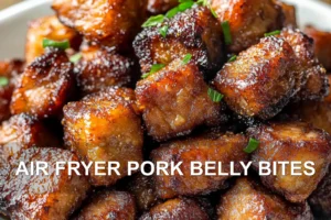 AIR FRYER PORK BELLY BITES centered hero view, clean and uncluttered
