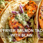 AIR FRYER SALMON TACOS WITH SLAW centered hero view, clean and uncluttered