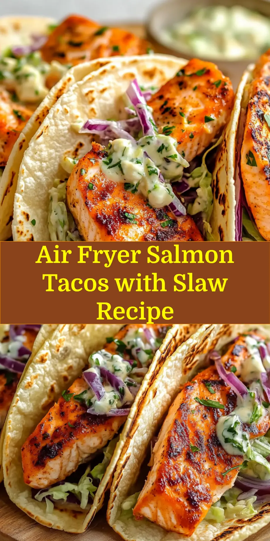 Close-up of vibrant Air Fryer Salmon Tacos with fresh slaw and lime, optimized for Pinterest sharing