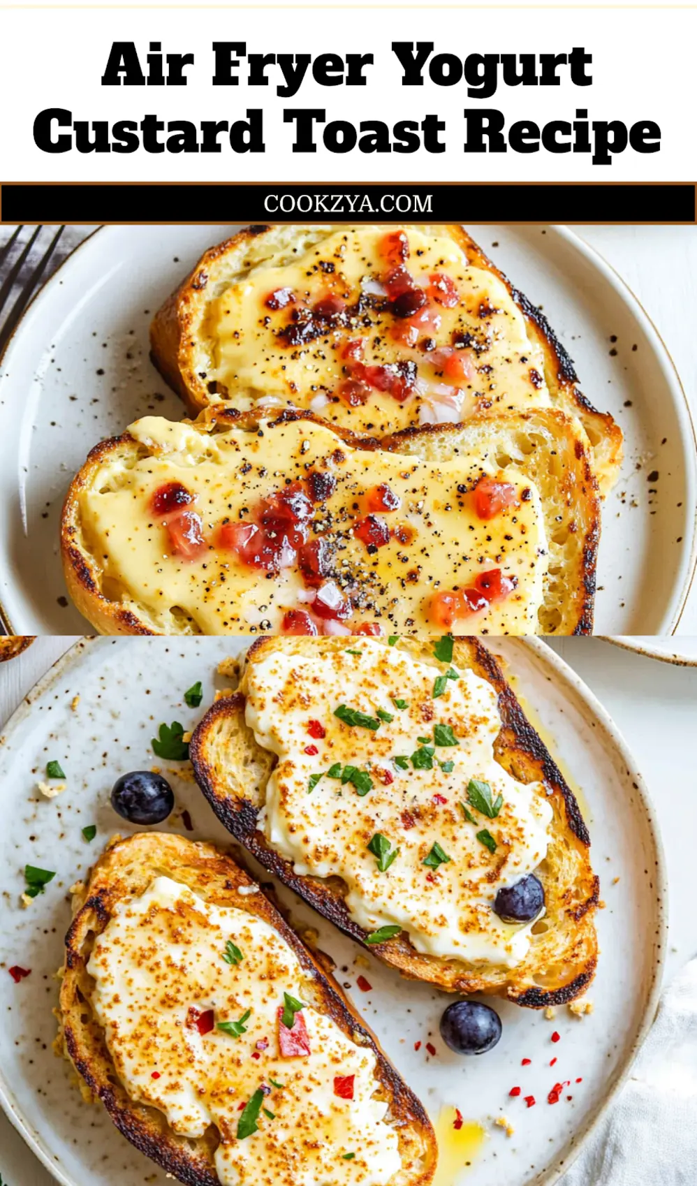 A close-up of Air Fryer Yogurt Custard Toast, showing the creamy custard and golden-brown edges, topped with fresh berries, perfect for pinning