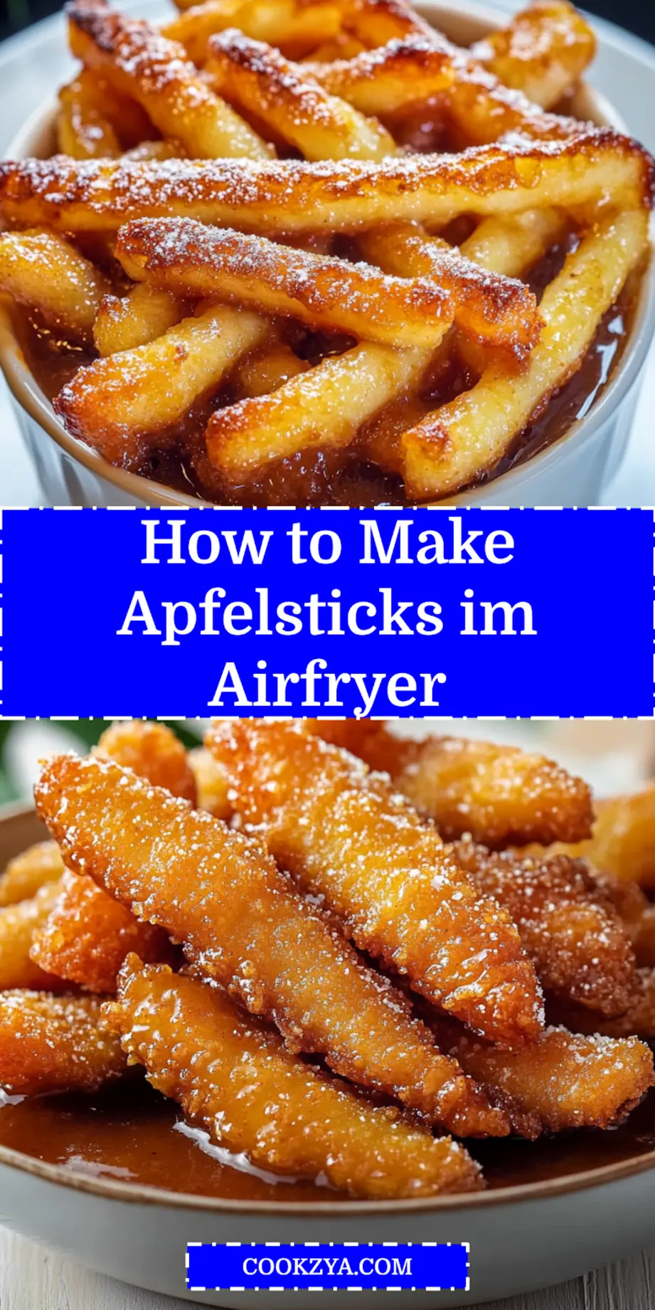Pin to save: Air-fried Apfelsticks, golden brown and perfectly crispy, drizzled with caramel sauce and powdered sugar, served on a white plate