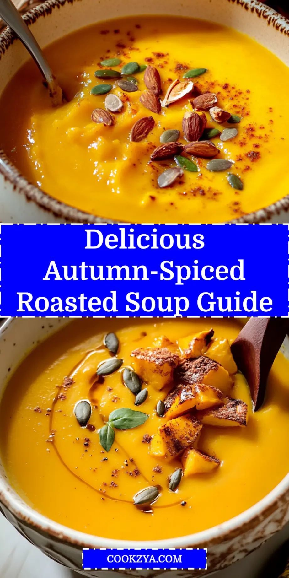 Overhead shot of creamy Autumn Spiced Roasted Pumpkin Soup in a bowl, garnished with pumpkin seeds and fresh herbs, perfect for Pinterest.