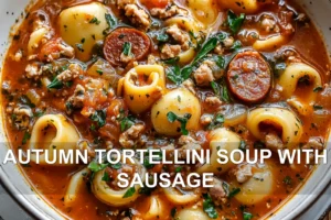 Autumn Tortellini Soup with Sausage: Cozy Delicious Recipe AUTUMN TORTELLINI SOUP WITH SAUSAGE centered hero view, clean and uncluttered