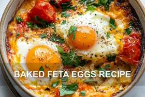 Baked Feta Eggs Recipe: Easy and Delicious Breakfast BAKED FETA EGGS RECIPE centered hero view, clean and uncluttered