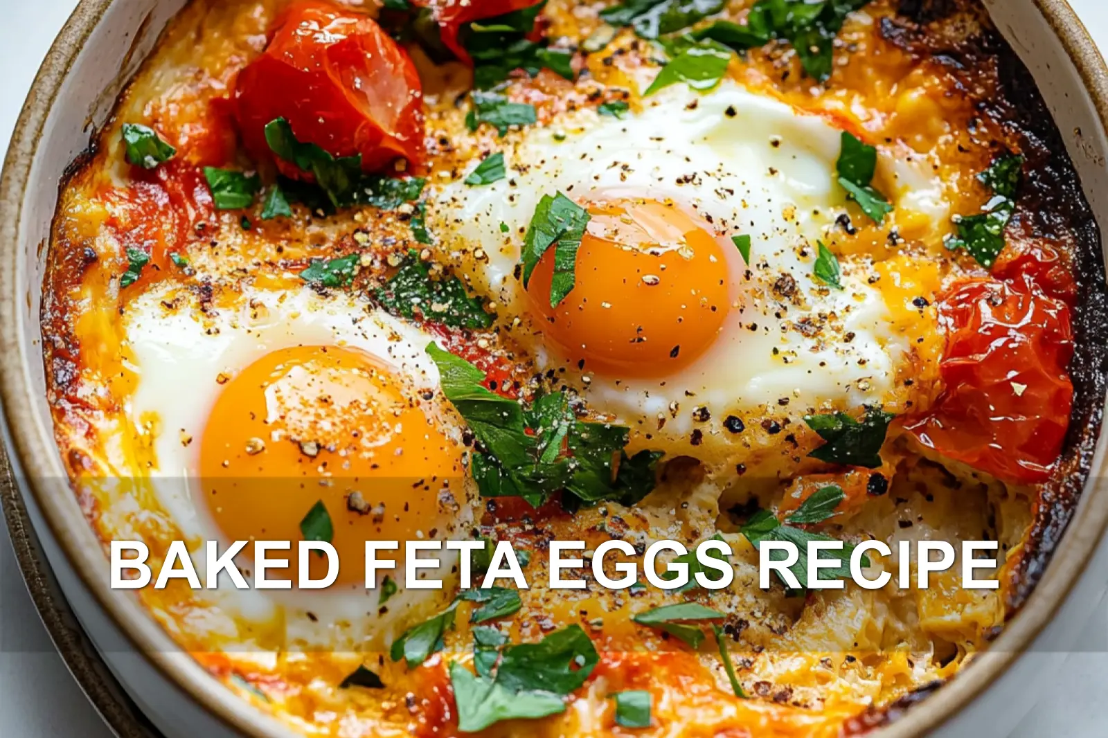 BAKED FETA EGGS RECIPE centered hero view, clean and uncluttered